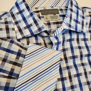 Thomas Dean blue white black button down flip cuff men's shirt size XL